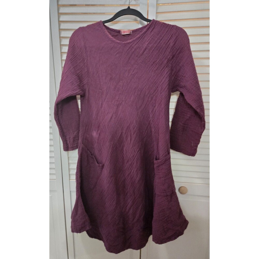 FASU Long Sleeve Burgundy Crinkle Cotton Dress Pockets Lagenlook Cottagecore M